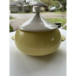 vtg covered dish calif pottery yellow white top SC3 mcm Calif USA mark on bottom